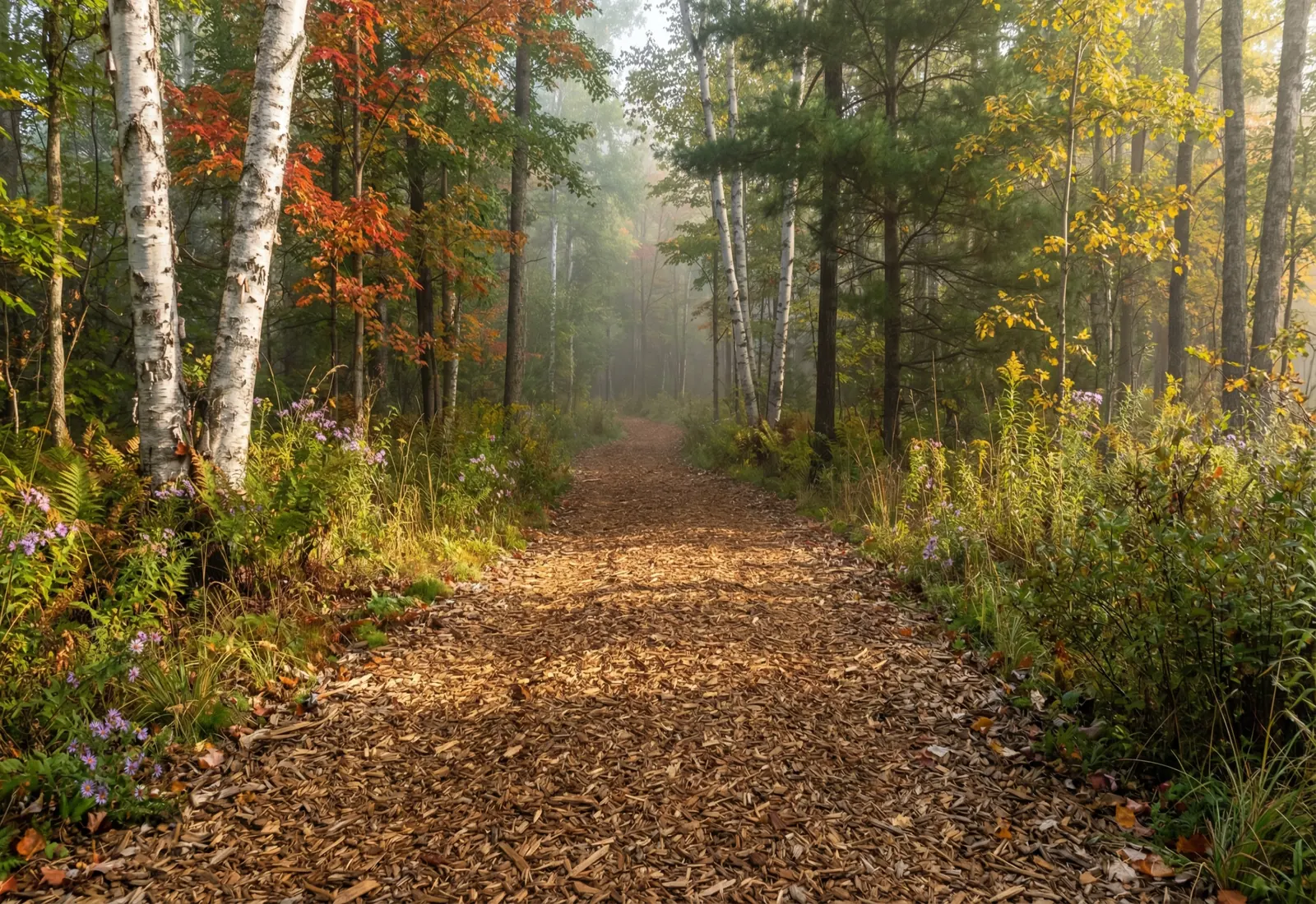 Cleared woods path covered in wood chips running through birch and maple in fall