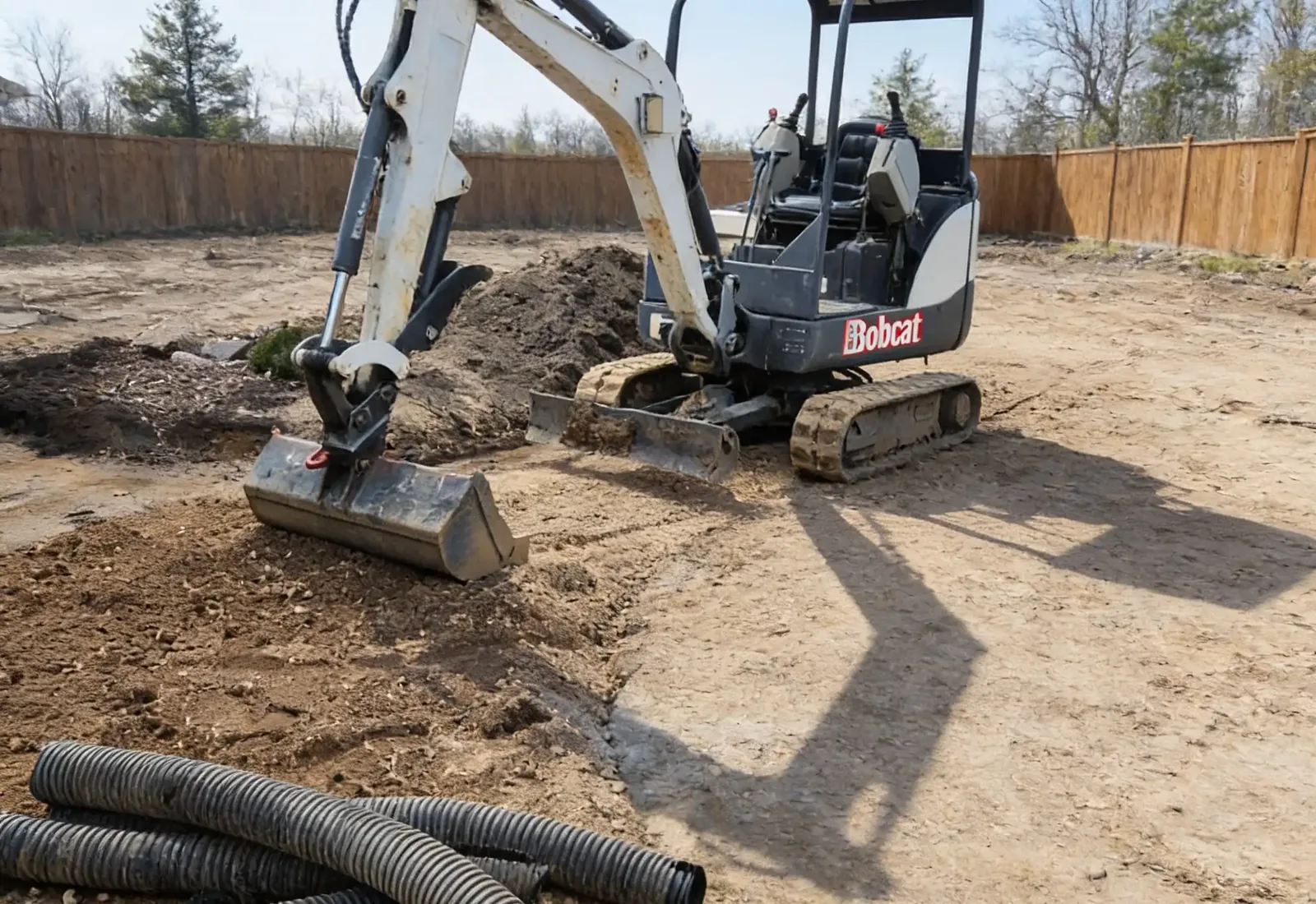 Compact excavator on the bare graded ground where a slab used to be