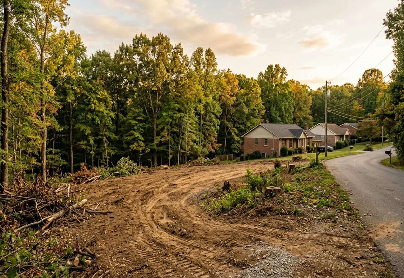 Cleared and rough-graded house lot with hardwoods left standing along the edges