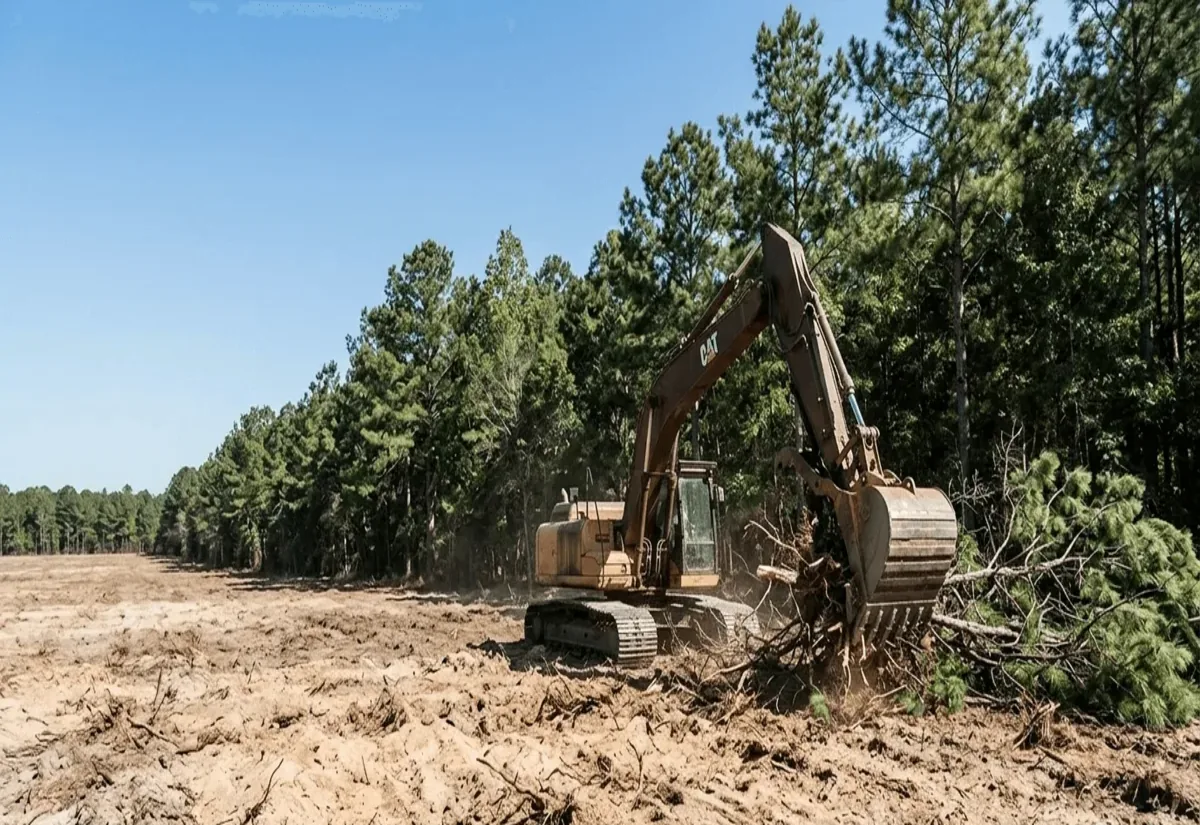 Excavator with a thumb stacking felled trees at the edge of a cleared lot